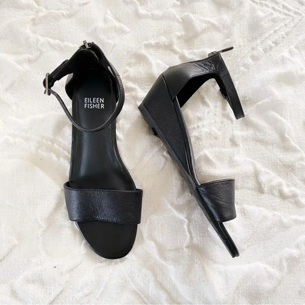 Eileen Fisher Mara Tumbled LeatherWedge Sandal Size 6.5 New